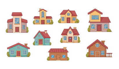 Fototapeta premium Cute town house and cottage building icons flat cartoon vector collection isolated on transparent background