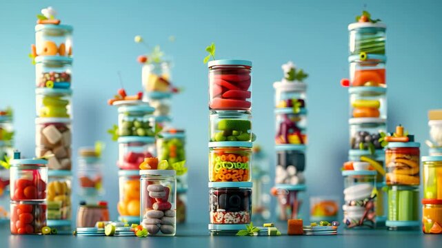 Food Jars Cityscape: Organized Healthy Meal Prep & Fresh Ingredients