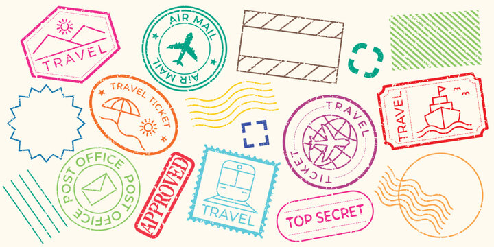 Colorful travel stamps and tickets, featuring travel icons like planes and ships. Travel-themed stamps and tickets in various shapes and colors. Colorful travel stamps, vector set.