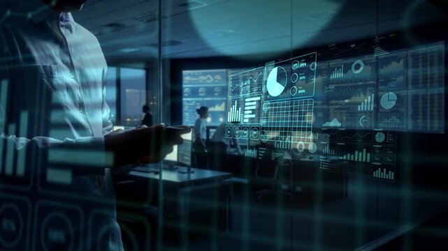 Tech AI Displays, Experts Scrutinize Sophisticated Virtual Dashboards During Operational Sessions