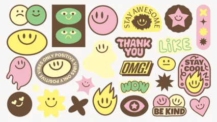 Fotobehang Positive Typography Colorful stickers with smiley faces, stars, and positive messages like 'Stay Awesome' and 'Be Kind' Bright, cheerful, and positive vibes throughout Funky stickers, vector set  © Rawpixel.com