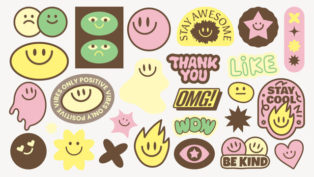 Colorful stickers with smiley faces, stars, and positive messages like 'Stay Awesome' and 'Be Kind' Bright, cheerful, and positive vibes throughout Funky stickers, vector set