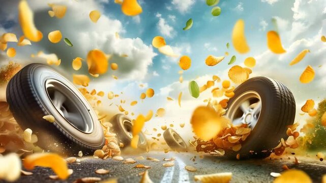 Dynamic Flying Potato Chips and Car Tires on Road