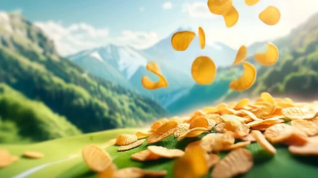 Natural Corn Flakes Falling in Beautiful Mountain Landscape
