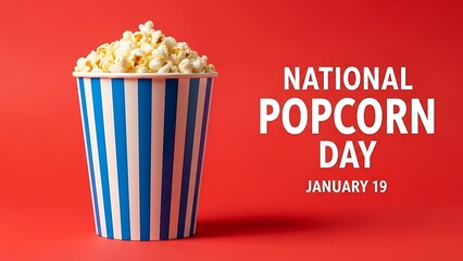 Celebrate national popcorn day on january nineteenth with this brightly colored graphic featuring a classic striped container overflowing with fluffy white popped kernels against a vibrant red backgro