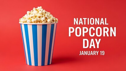 Celebrate national popcorn day on january 19th with this delicious overflowing bucket of freshly popped corn kernels in a classic blue and white striped container set against a vibrant red background 