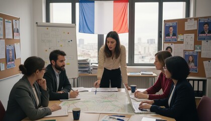 A diverse group of professionals collaborating around a table in a modern office setting with a French flag
