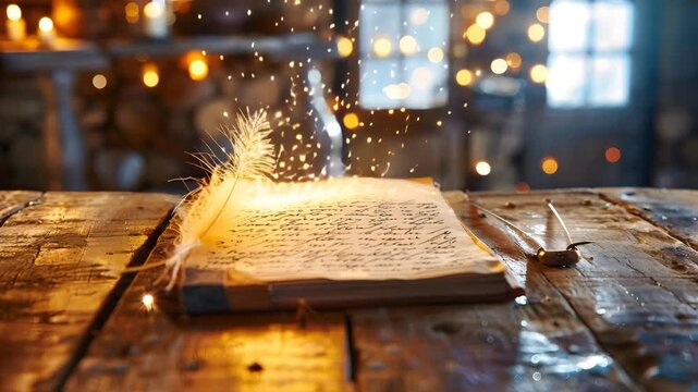 Magic Book with Glowing Dust and Quill on Ancient Wooden Table