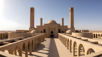 A stunning architectural shot captures the modern mosque architecture with its grand dome and towering minarets under a clear desert sky, viewed from a courtyard.