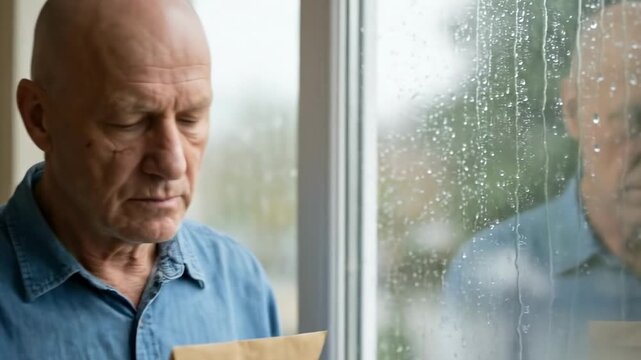 A thoughtful older man in a denim shirt gazes at a letter, standing by a window with raindrops, surrounded by a green plant, capturing a moment of reflection and emotion