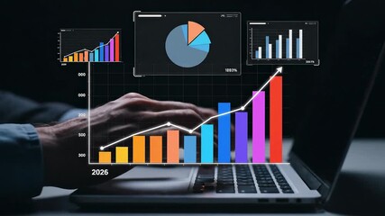 A person's hands are actively typing on a laptop keyboard, overlaid with vibrant, holographic financial charts and data visualizations illustrating business growth and analysis. - Powered by Adobe