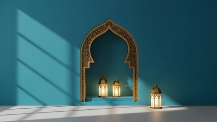 Fototapeta premium Ramadan Kareem greeting background with traditional gold lanterns and Islamic arch on teal wall