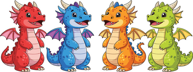 Set of cute baby dragon cartoon characters in red blue orange and green colors for children fantasy illustrations