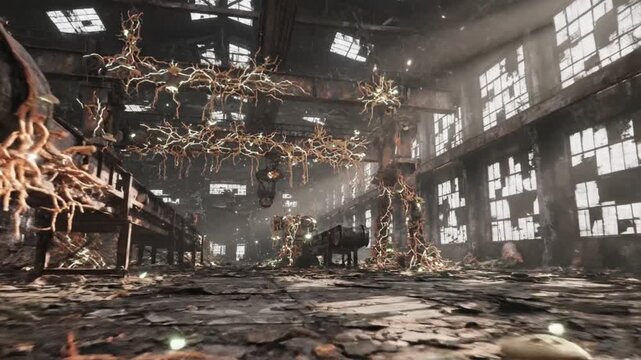 Post-Apocalyptic Factory Interior with Alien Plant Growth and Eerie Atmosphere.