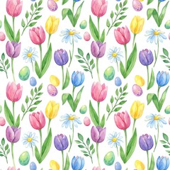 Obraz premium Watercolor seamless pattern with tulips, daisies, foliage, and colorful eggs for Easter decoration and spring background.