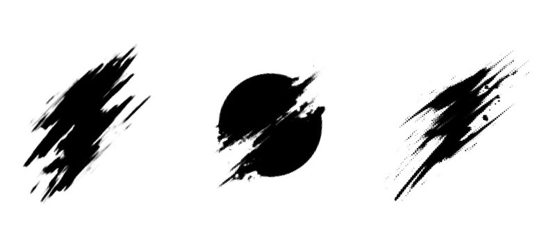 Glitch halftone line element set. Dot texture geometric form collection. Grunge abstract comic pop art shapes for banner, poster, collage, overlay, label, tag. Distressed distorted vector pack