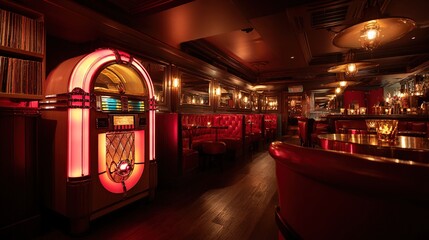 jukebox. A vintage jukebox glowing in a 1950s bar at night, warm nostalgic lighting. bar promotions, beverage menus, designed for product packaging and bar promotions, enhances appetite appeal.