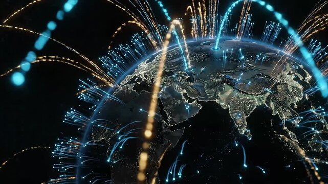 A digital Earth globe is surrounded by exploding blue and gold light trails, symbolizing global data bursts, widespread communication, and dynamic technological expansion.