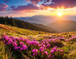 Obraz premium A vibrant sunset casts golden light over rolling hills, wildflower meadows, and distant mountain ranges