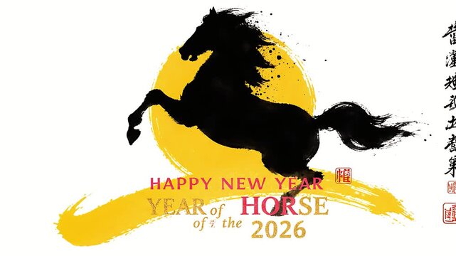 Majestic Black Horse Rearing Silhouette in Dynamic Sumi E Ink Painting Style against a Vibrant Golden Yellow Sun Brushstroke Background Symbolizing Power and Freedom