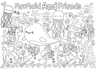 Cute black and white coloring page featuring mermaids and friendly sea animals like whales, jellyfish, turtles, and starfish. Fun underwater illustration for kids, perfect for coloring books and ocean © Artist-wins