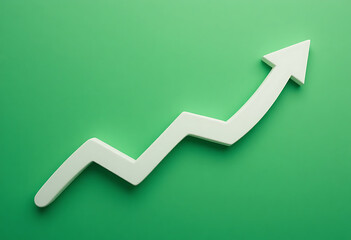 White 3 D zigzag line graph with upward arrow on green background chart