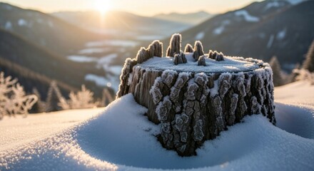 A snow-covered tree stump in a snowy landscape with mountains in the background.