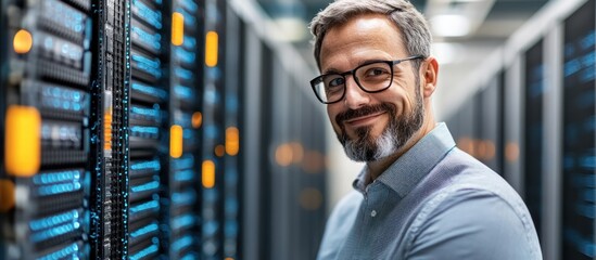 Smiling IT specialist in data center, server room background