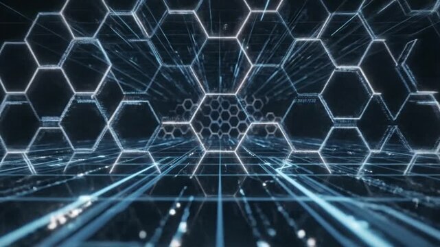 Digital illustration of a futuristic honeycomb pattern with glowing blue lines and hexagons on a dark background, conveying a technological and