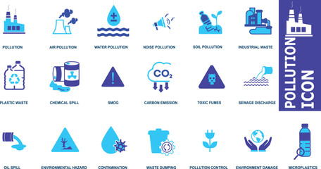 Fototapeta premium Environmental Pollution Icon Set with Industrial Waste and Carbon Emission Symbols, Blue Vector Graphics for Air Water Pollution, Global Warming, and Climate Change.