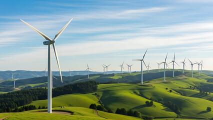 Wind Turbines Generating Electricity in Field.
