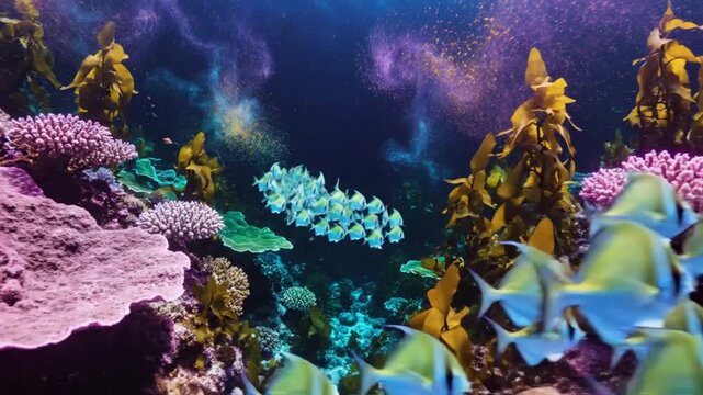 Vibrant underwater scene with a school of blue and green fish swimming among colorful coral reefs and kelp forests.