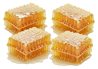 Four natural golden-yellow honeycomb pieces with glistening, translucent acacia honey, macro shot on a bright white background with copy space, luxurious purity concept