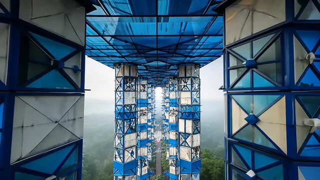 blue skywalk bridge with cityscape background