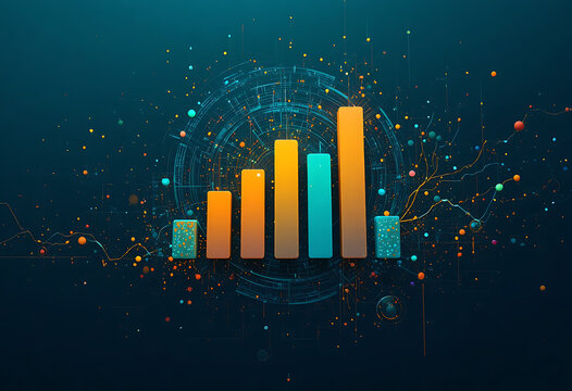 Colorful bar chart with orange and teal bars on dark blue background with scattered dots and lines - Powered by Adobe