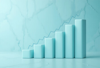 Light blue 3 D bar graph with rising line chart on marble background