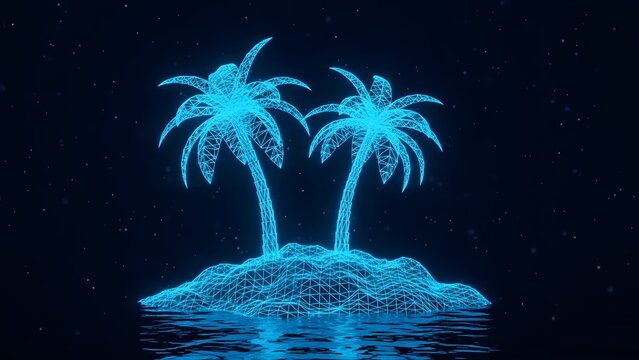 Blue neon island with tropical palm trees. Digital vacation and virtual reality travel. Wireframe palm trees glowing on a dark ocean surface under a starry sky