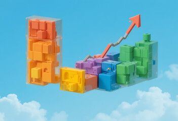 Fototapeta premium Colorful blocks stacked in transparent boxes with rising arrow stacked blocks