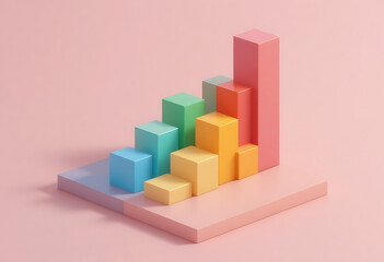 Colorful 3 D bar graph on pink background with multicolored blocks