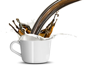 Coffee Pour Splash on Coffee Cup With Milk Splash and Coffee Beans. Capture using High Speed Photography With Coffee Shop Scene