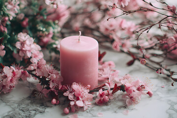 a pink candle surrounded by pink flowers on a marble surface