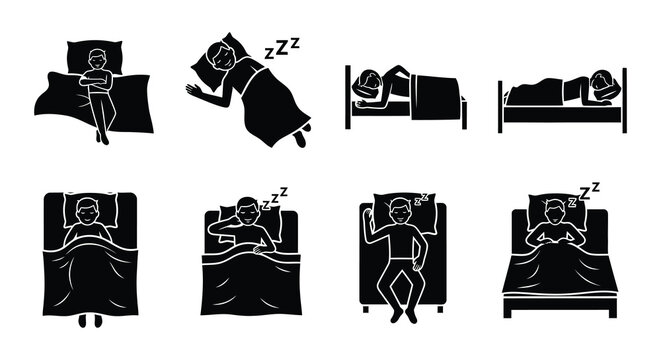 A series of illustrations showing different sleeping positions and a person getting into bed