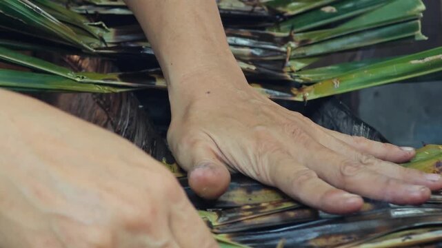 Nipa palm dessert. Sticky rice flour, palm sugar and shredded coconut meat.