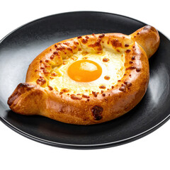 Georgian cheese boat khachapuri adjaruli with a runny egg center, a decadent and delicious dish isolated on a white background