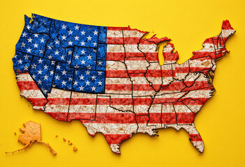 Cracked american flag map of usa with yellow background
