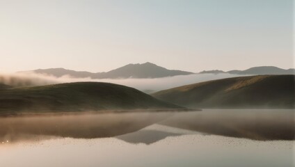 Fototapeta premium Misty mountain lake sunrise. Gentle hills reflect in calm water. Soft light paints the scene