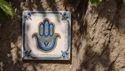 Fototapeta premium Ceramic hamsa hand tile on stone wall