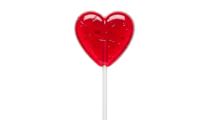A red heart shaped lollipop on a white stick isolated on transparent background