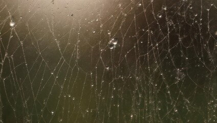 Delicate spiderweb, wet with morning dew, seen through a hazy window pane