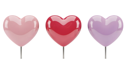 Three shiny heart shaped balloons on sticks in pink, red, and purple on isolated transparent background